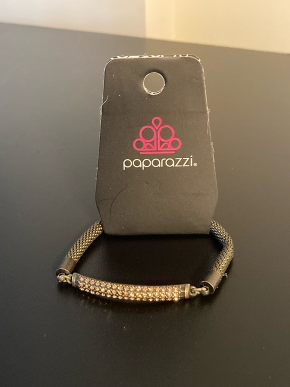 Paparazzi Gold Crystal Pave Bar Bracelet with Black Mesh Band